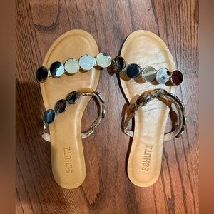 SCHUTZ Tan Sandals with Black and Silver Details